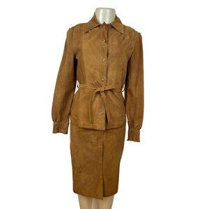 Sylvia Clyne Piel Tan Suede Skirt & Jacket Set With Belted Waist Size M